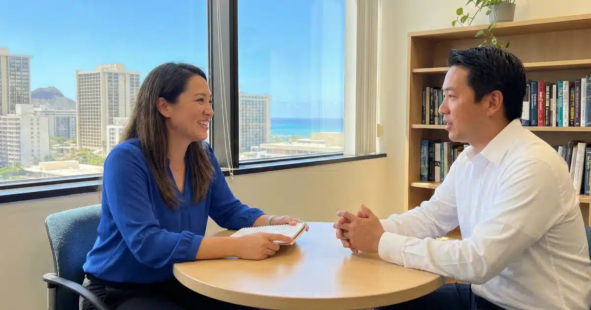 Professional mental health counseling session in Honolulu featuring a therapist and client discussing evidence-based treatment plans.