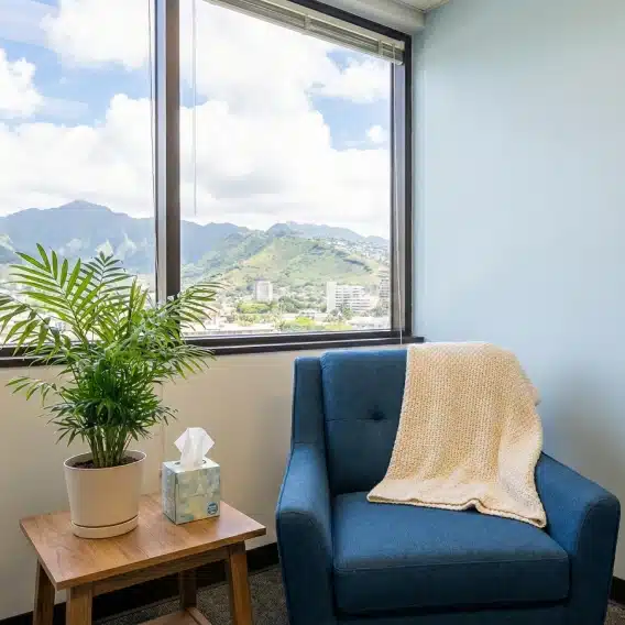 A tranquil and safe therapy room at Wellness Counseling Center in Honolulu featuring views of the Koʻolau Mountains.