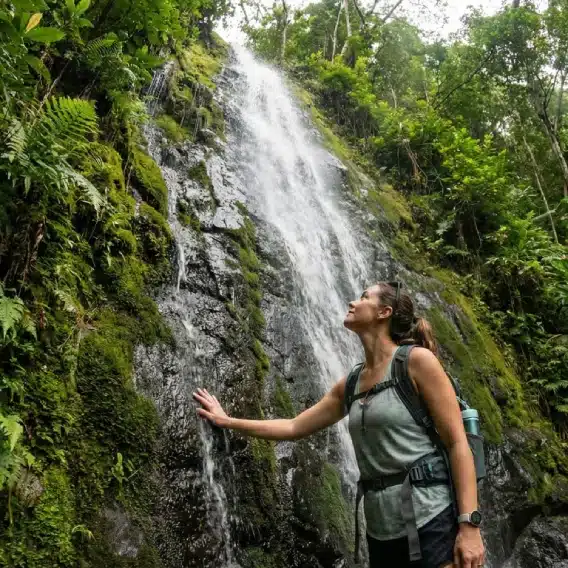 DBT grounding skill using the five senses at a waterfall on Oʻahu to manage intense emotions and connect with the ‘āina.