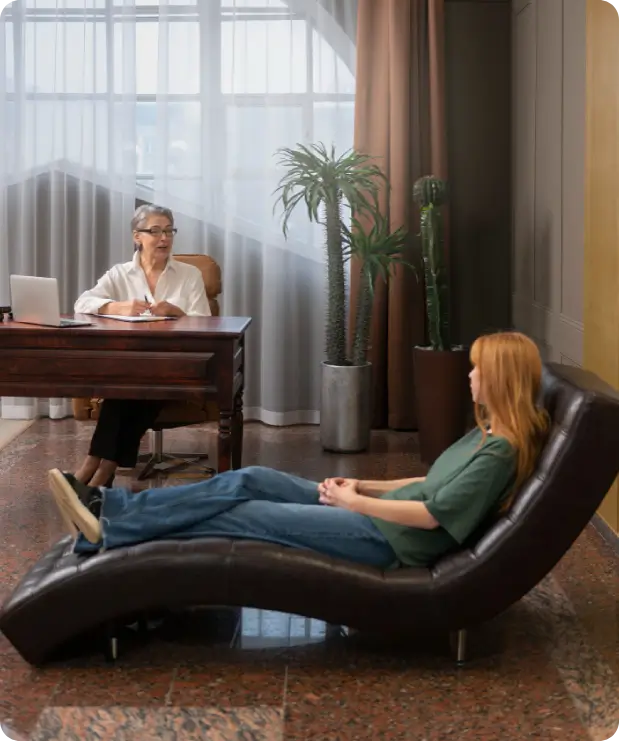 A licensed therapist at Wellness Counseling Center in Kailua, HI attentively listens to a female adolescent patient in a comfortable, safe office environment during an in-person counseling session.